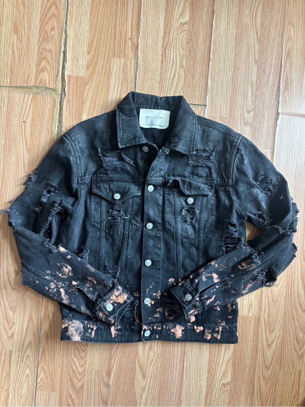 Rare 1017 ALYX 9SM Black Distressed Denim Jacket with Bleach Accents